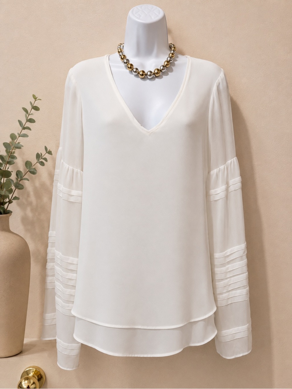 White House Black Market -  Ivory V-Neck Layered Chiffon Blouse